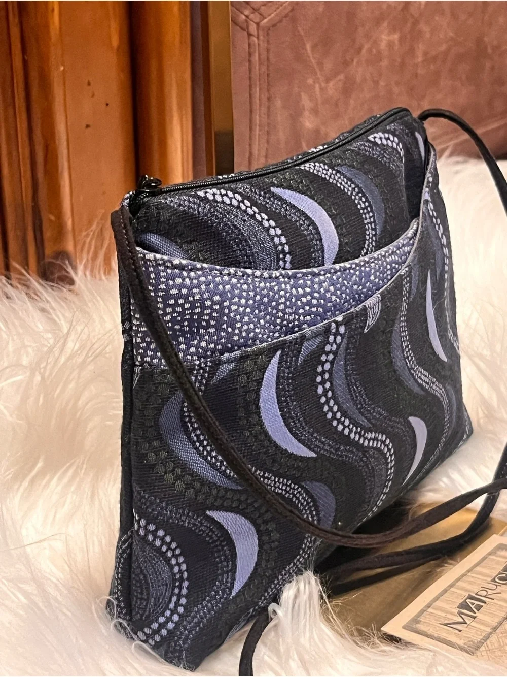 Maruca Sparrow Lunar Blue black and Gray Wave Print crossbody bag.